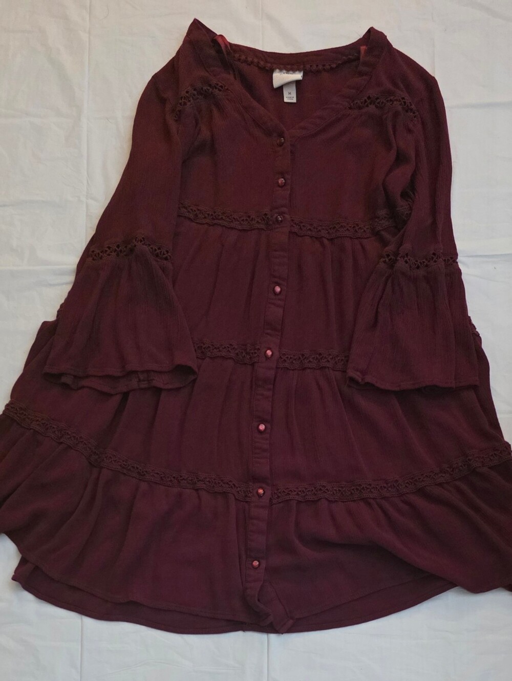 Knox Rose Burgundy Tiered Button-Front Dress with Lace Trim